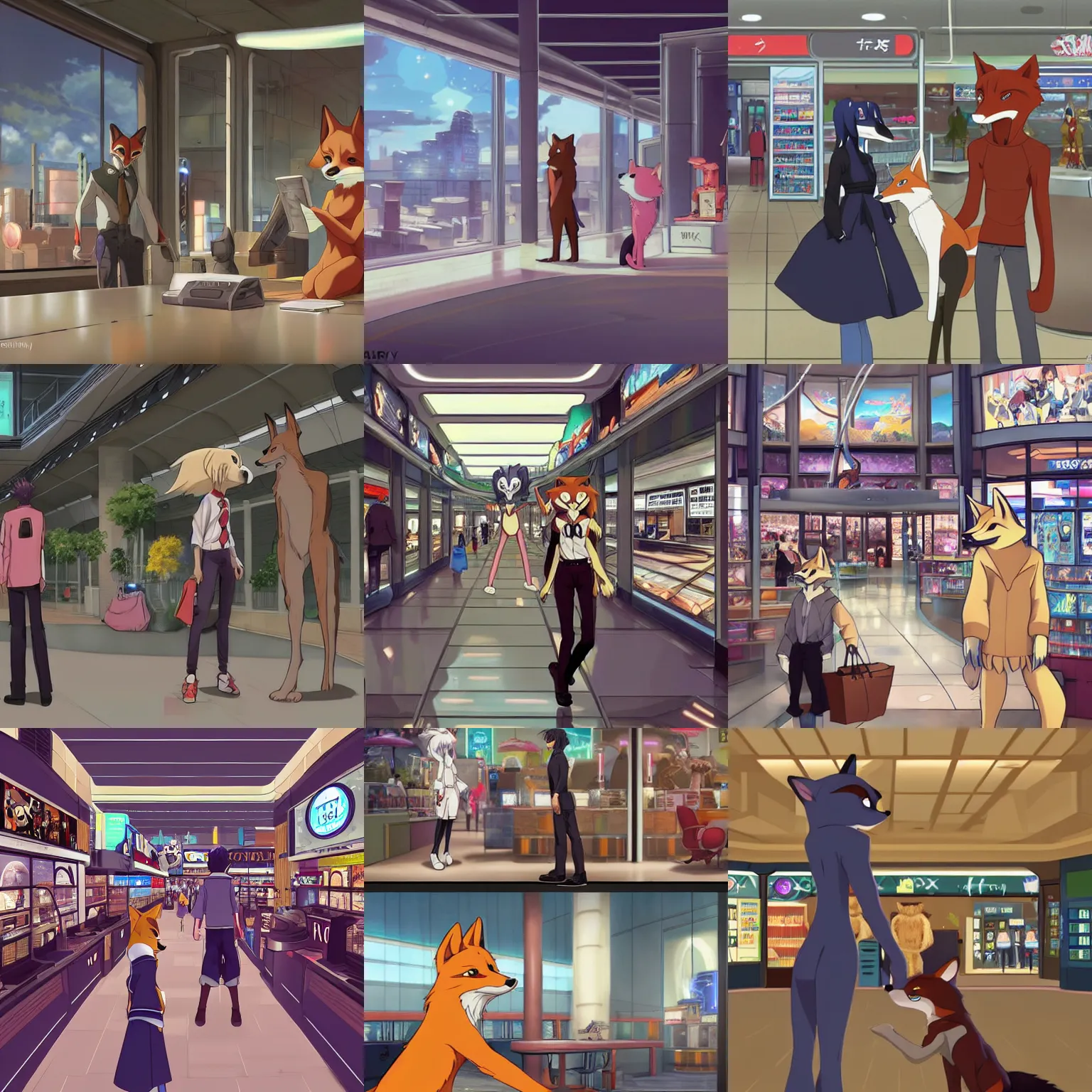 Prompt: an anthropomorphic!!!! furry!!!! ( fox ) shopping at a futuristic mall, photorealistic, anime!!!!, makoto shinkai, james gurney, don!!!! bluth!!!!, hibbary, dark natasha, goldenwolf, furaffinity!!!!