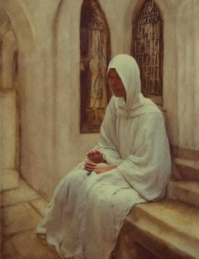 Image similar to peasant woman praying in a curch, polaroid photo bleached vintage pastel colors high - key lighting, soft lights, foggy, by steve hanks, by lisa yuskavage, by serov valentin, by tarkovsky, detailed, oil on canvas