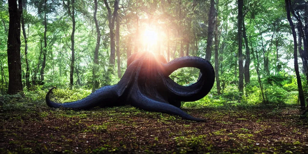 Image similar to a giant black octopus in the middle of a forest, winding around trees, beautiful ambient light, sun rays hitting the slightly transparent creature, 8k photography