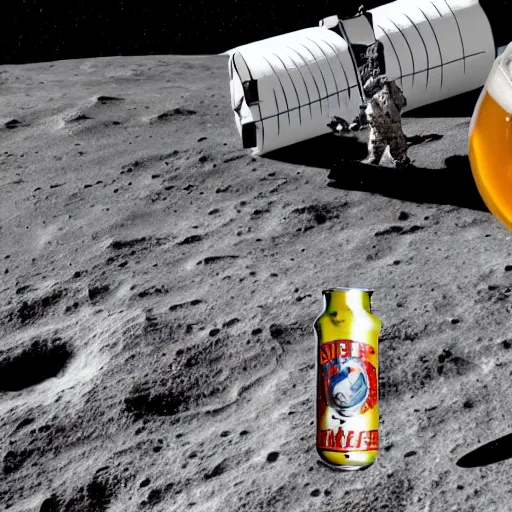 Image similar to a photo of a detailed, realistic, sitting idle, regular sized electric guitar next to a beer can and an astronaut chilling on the moon surface. detailed photo. realistic photo