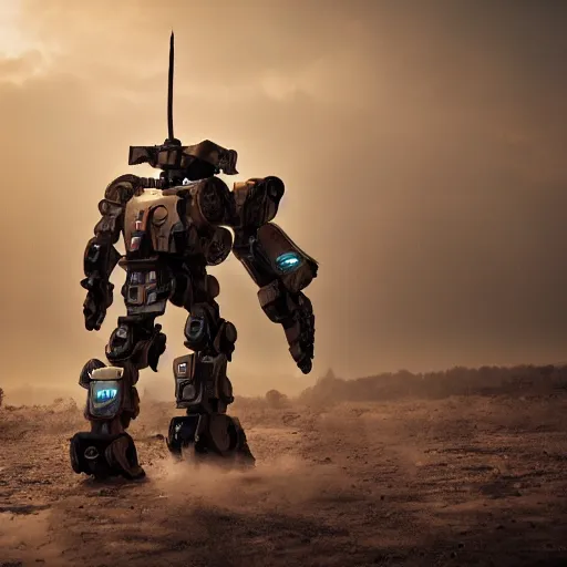 Prompt: centurion battle mech, battle damaged, shallow depth of field, moody lighting, 8 k,