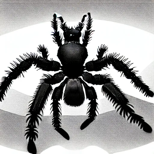 Prompt: book illustration of a tarantula with a machine gun mounted on its back. book illustration, monochromatic, white background, black and white image