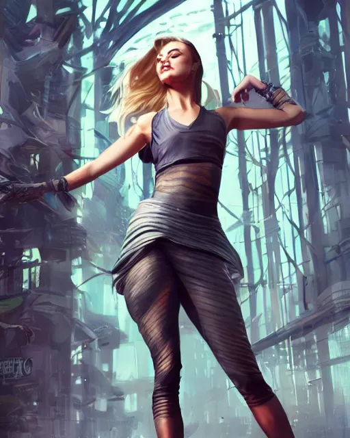 Image similar to full body shot of margot robbie by wlop, rossdraws, mingchen shen, arney freytag, artstation, fantasy photoshoot, urban jungle, fashion pose, octane, 4k