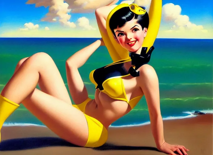 Image similar to the style of the artist gil elvgren, a girl with black hair, overwatch tracer, with a very beautiful symmetrical face, a smile on her face, tanned skin, in a yellow bikini, against the background of a sea beach, in art style, high detail, digital painting, hyperrealism