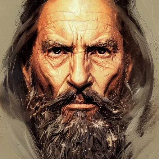 Image similar to portrait of a man by Greg Rutkowski, an old Jedi, arabian features, and olive skin, long black hair and beard, wise appearance, orange robes, Star Wars Expanded Universe, he is about 60 years old, highly detailed portrait, digital painting, artstation, concept art, smooth, sharp foccus ilustration, Artstation HQ