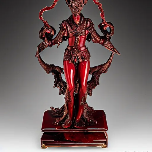 Prompt: award statue for best demon, occult inspired, grimdark gothic filigree rococo styling, made of polished faceted ivory, faceted red jasper accents, infernal, museum lighting