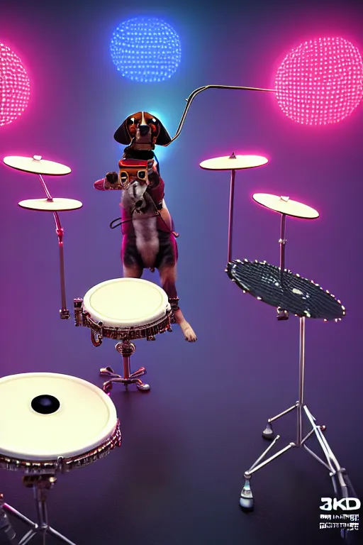 Image similar to high quality 3 d render very cute cyborg beagle plays drums!, cyberpunk highly detailed, unreal engine cinematic smooth, in the style of blade runner & pixar, hannah yata charlie immer, moody light, low angle, uhd 8 k, sharp focus