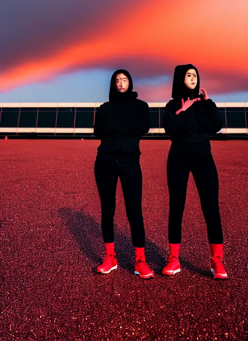 Image similar to cinestill 5 0 d photograph of 2 women wearing black techwear in front of a brutalist sharp - edged metal building, closeup, on a desolate plain, red glitter sky, sigma 8 5 mm f / 1. 4, 4 k, depth of field, high resolution, highly detailed, 4 k, 8 k, hd, full color, raw