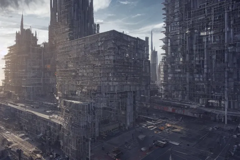 Image similar to streetscape, a towering cathedral of brutalist architecture, buildings covered with greebles, stunning volumetric light, sunset, metal, concrete and translucent material, stunning skies, majestic landscape, trending on Artstation, 8k, photorealistic, hyper detailed, unreal engine 5, IMAX quality, cinematic, epic lighting, in the style of Greg Rutkowski