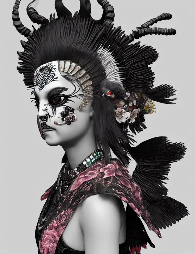 Image similar to 3 d goddess close - up profile portrait punk with mohawk in victorian style with ram skull. beautiful intricately detailed japanese crow kitsune mask and clasical japanese kimono. betta fish, jellyfish phoenix, bio luminescent, plasma, ice, water, wind, creature, artwork by tooth wu and wlop and beeple and greg rutkowski