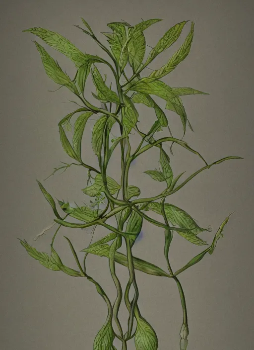 Image similar to fantasy scientific botanical illustration of a large bushy plant that walks around with human legs