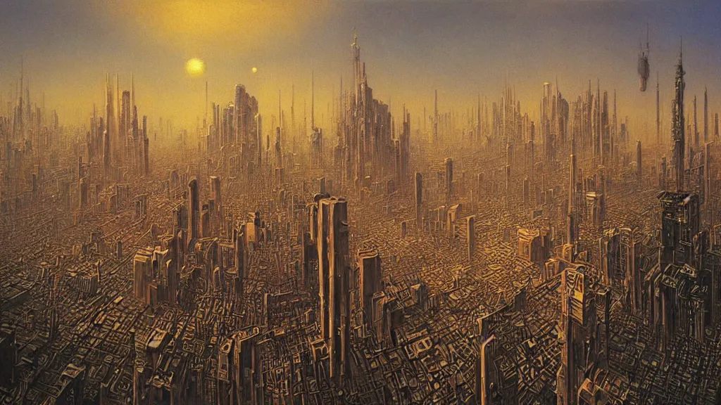 Prompt: Beautiful Painting of a cyberpunk city by Zdzisław Beksiński