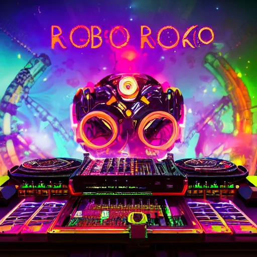 Prompt: album art, the band name is robo rock, trance music band with 3 steampunk robots on a dj desk with a cd mixer, 8 k, flourescent colors, halluzinogenic, multicolored, exaggerated detailed, front shot, 3 d render, octane