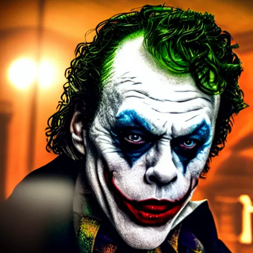 Prompt: stunning awe inspiring tim curry as the joker movie still 8 k hdr atmospheric lighting