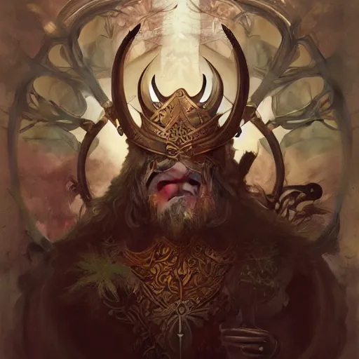 Image similar to Epic viking king, divine, symmetrical, , portrait, digital painting, Peter Mohrbacher, Alphonse Mucha, Brian Froud, Yoshitaka Amano, Kim Keever, Victo Ngai, James Jean