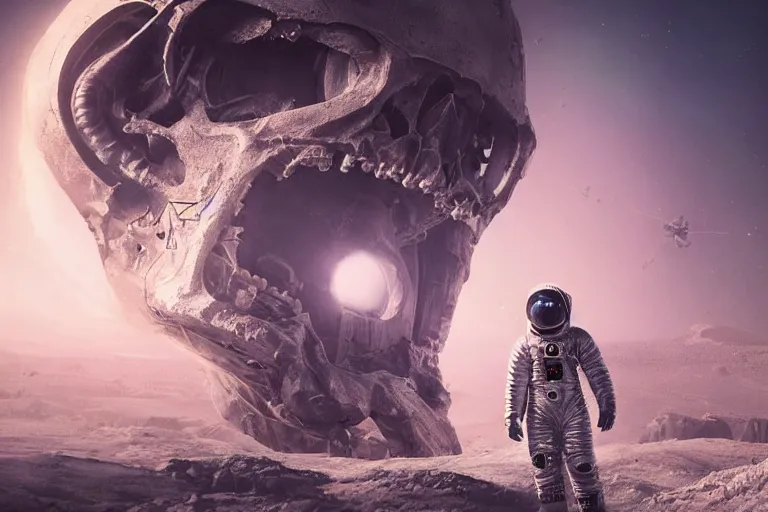 Image similar to distant low angel photograph of an astronaut exploring an abandoned alien planet with alien skeletons, alien skulls, fallen kingdom city ruins, science fiction, detailed space suit, cinematic, hypermaximalist, detailed, 4k, 8k, breathtaking stars, surrealism, distant, concept art, digital art, sharp focus, reflections, RTX, octane render, acid pixie, Trending on DeviantArt