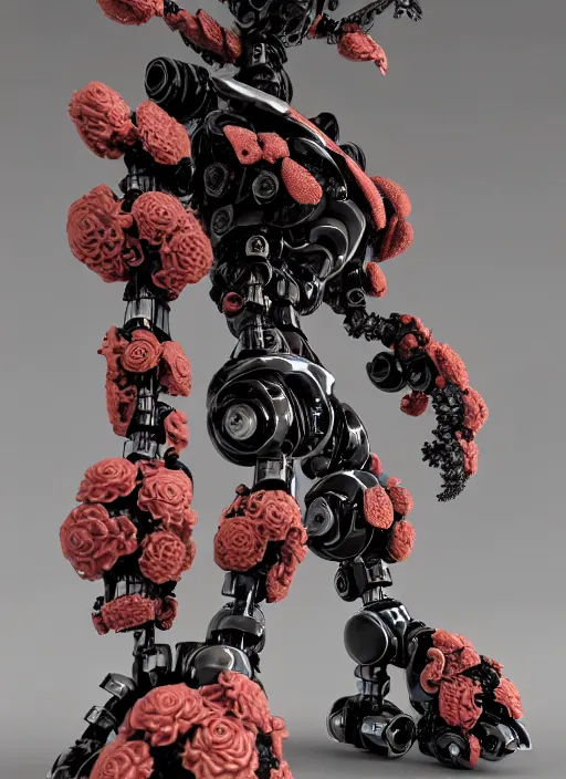 Image similar to biomechanical black mecha carrying perfume bottle enchanted coral kingdom made of corals, daisies, roses in an ivory room well contoured smooth fair walls, up close shot, sharp focus, global illumination, radiant light, alexandre ferra white mecha, irakli nadar, octane highly render, 4 k, ultra hd,