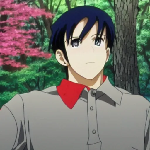 Image similar to a still of a 90s OVA anime of a man with black hair wearing a red shirt in a forest