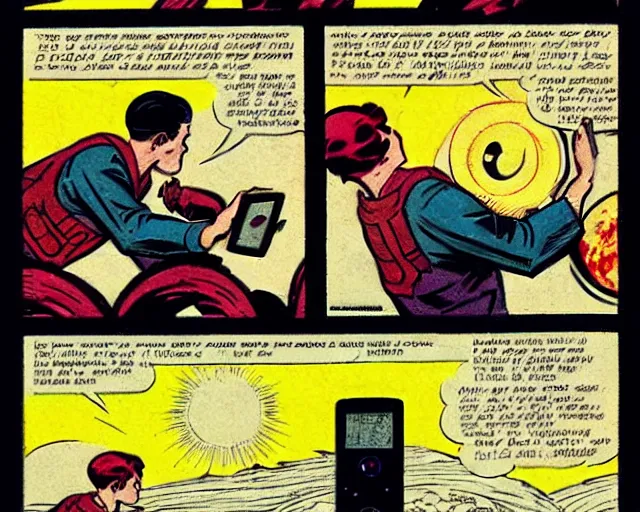 Image similar to two panels from a 1 9 3 0's comic book showing a cellphone, in front of a big moon, illustration, wide shot, muted colors, post grunge, concept art by josan gonzales and wlop, david rubin, mike mignola, laurie greasley, highly detailed, sharp focus, trending on artstation, hq, deviantart, art by artgem