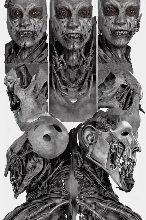 Image similar to cyborg zombie king with gunmetal grey skin, medical anatomy, very symmetrical face, highly detailed, mecha, three - perspective / three - view reference sheet ( front / back / side ), in the style of james gurney, dan ouellette, hr giger, sil from species, dren from splice, biomechanical, artstation, unreal engine