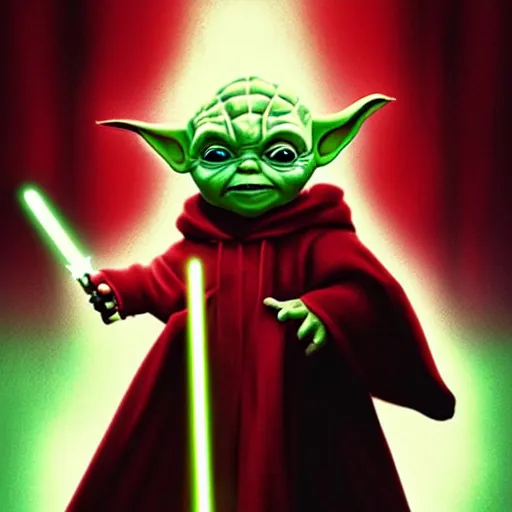 Image similar to portrait of hooded evil baby yoda as a sith, red power, dark background by ross tran, dark side, imperial march, artwork by ralph mcquarrie + cory loftis + paul lehr