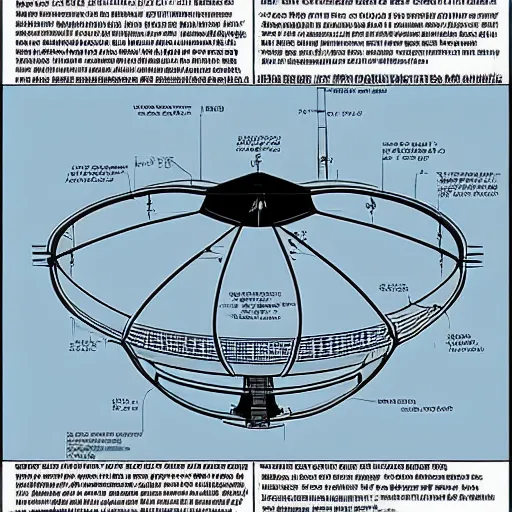 Image similar to a highly detailed technical schematic, blue - print, of a ufo propulsion system, for dummies, english texts, anti - gravity