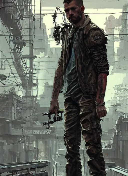 Image similar to Dumb Bubba. Buff cyberpunk meathead losing a fight. Realistic Proportions. Epic painting by James Gurney and Laurie Greasley. Moody Industrial setting. ArtstationHQ. Creative character design for cyberpunk 2077.