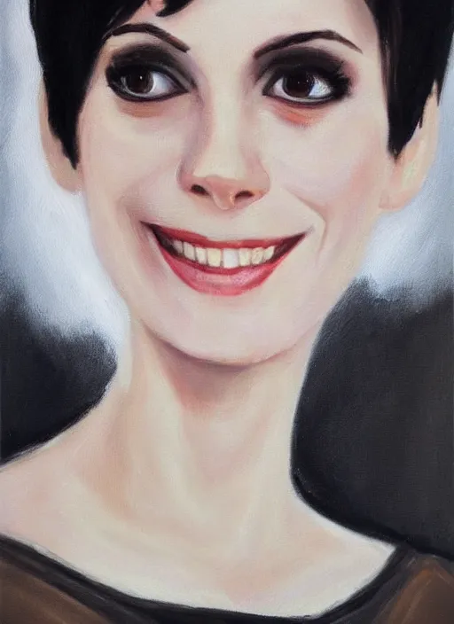 Prompt: Beautiful oil painting of Alice Cullen, portrait, pale skin, short black pixie cut hair, smiling, symmetrical face, cute, black dress, dramatic lighting, twilight, sharp focus, smooth, Ashley Greene