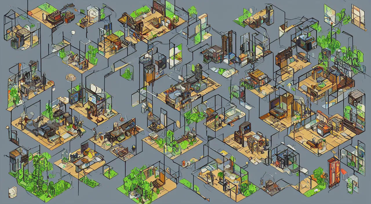 Prompt: cyberpunk treehouse interior, isometric room view