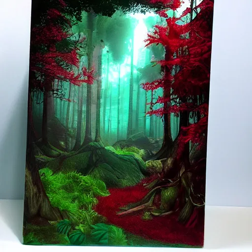 Image similar to fantasy forest, lush, epic fantasy, dark cyan accents, dark red accents