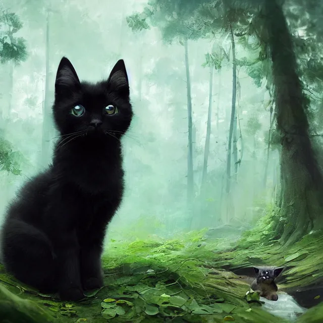 Image similar to a beautiful painting of a cute black kitten in a forest. big eyes. pixar character design by cory loftis, fenghua zhong, ryohei hase, ismail inceoglu and ruan jia. artstation, volumetric light, detailed, photorealistic, rendered in octane