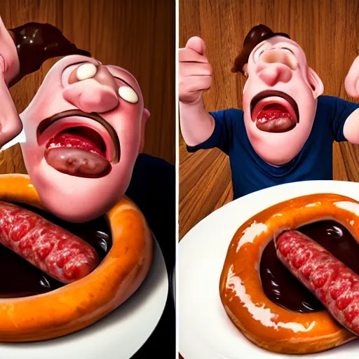 Image similar to an ultra realistic photography of a screaming man with a sausage face and chocolate sauce on monster sausages on a plate