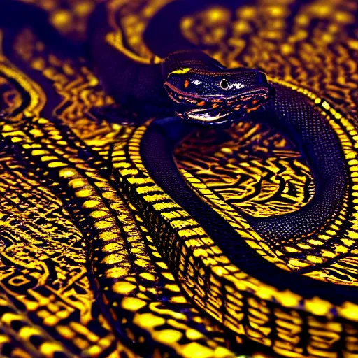 Image similar to black snake with glowing golden scales, intricate lines, clear focus, vivid colors, final fantasy, unreal engine highly rendered, global illumination, radiant light, intricate environment