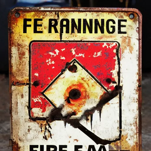 Prompt: photo of an old rusty enamel sign of fire flame warning label, 3 color design