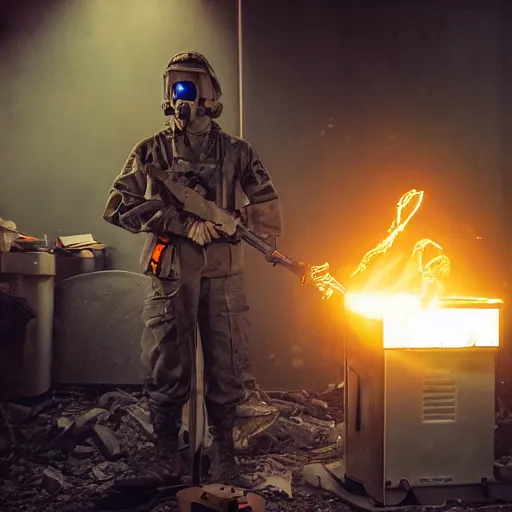 Image similar to soldier with toaster oven augmentation, dark messy smoke - filled cluttered workshop, dark, dramatic lighting, orange tint, sparks, cinematic, highly detailed, sci - fi, futuristic, movie still