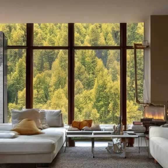 Image similar to fantastical living room with switzerland landscape in the window