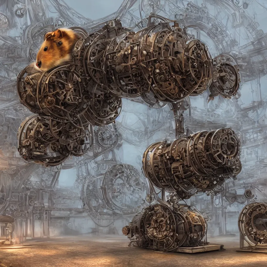 Image similar to giant mechanical steampunk hamster, gears, foggy, photorealistic, photoshop, 8 k