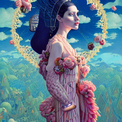 Image similar to pretty model as goddess : : by martine johanna and simon stalenhag and chie yoshii and casey weldon and wlop : : ornate, dynamic, particulate, rich colors, intricate, elegant, highly detailed, vogue, harper's bazaar art, fashion magazine, smooth, sharp focus, 8 k, octane render