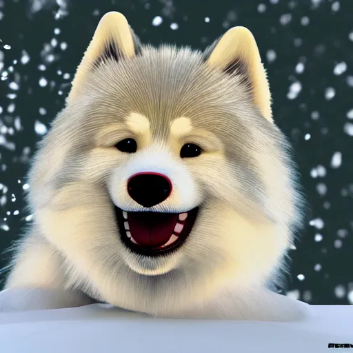 Image similar to happy finnish lapphund dog, snow, trees, stream, pixar, disney, 4 k, 3 d render, funny, animation, movie, oscar winning