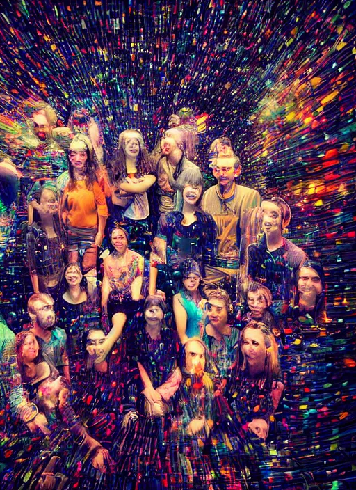 Image similar to group portraits, groups of happy humans imagining large beautiful images, text morphing into objects, highly detailed, super realistic, perfect lighting pixel sorting