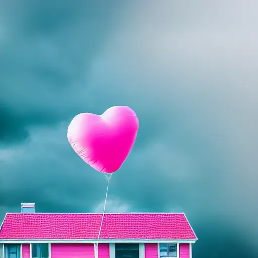 Image similar to a 5 0 mm lens photograph of a cute pink floating modern house, floating in the air between clouds, inspired by the movie up, held up from above by a heart - shaped ballon. mist, playful composition canon, nikon, award winning, photo of the year