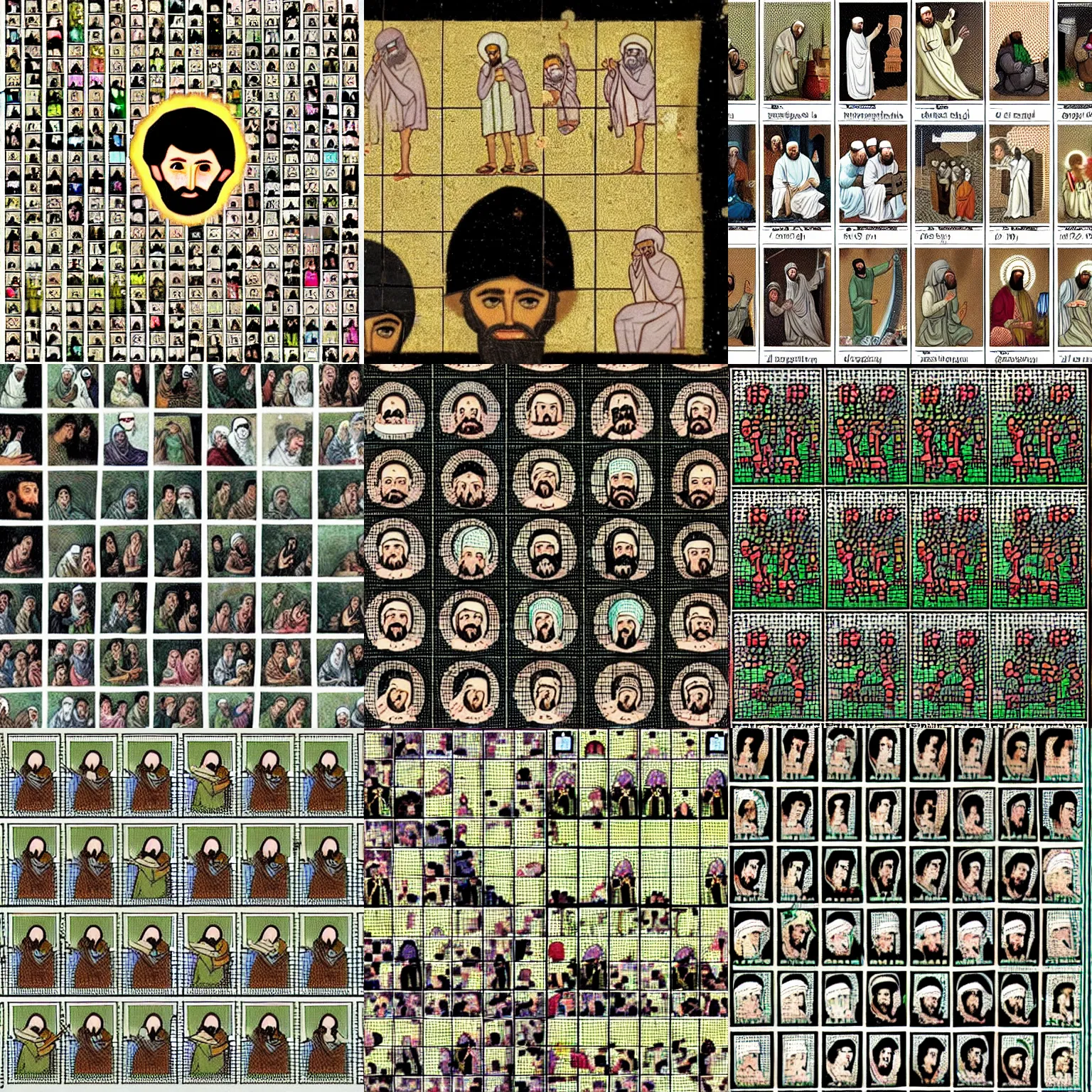 Prompt: a hundred tiny images in a grid of the prophet mohammed doing silly blasphemous things