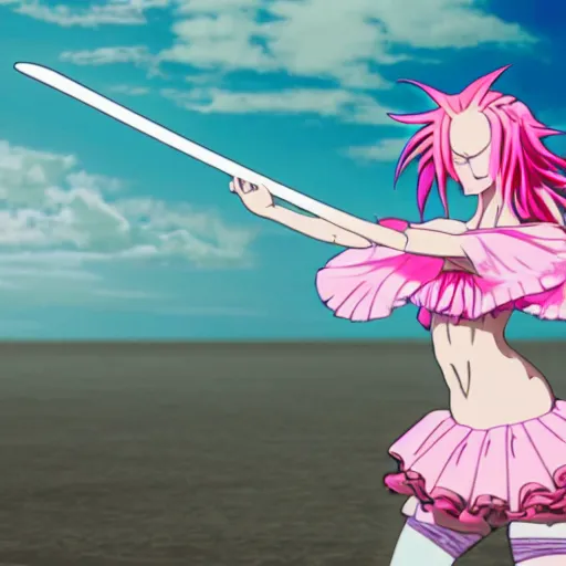 Prompt: hisoka wearing a pink tutu ballet dress with a shiny chrome sword in his hand while standing on a rainy beach with girls in colorfull bikini ‘ s in the back, anime style, 4 k, high detail, minimalistic,