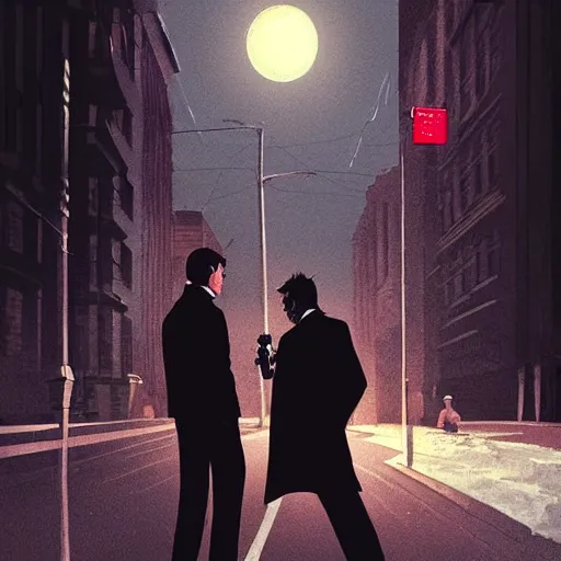 Prompt: Thomas Jane, an illustration of Bruce Wayne and Clark Kent in the streets of Gotham City, art by Ilya Kuvshinov, highly detailed, night, moonlight, comics, epic landscape, HD digital art, artstation