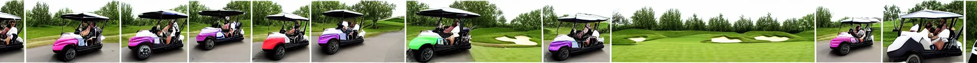 Image similar to 8 consistent frames from a video of a man driving golf cart on a golf course