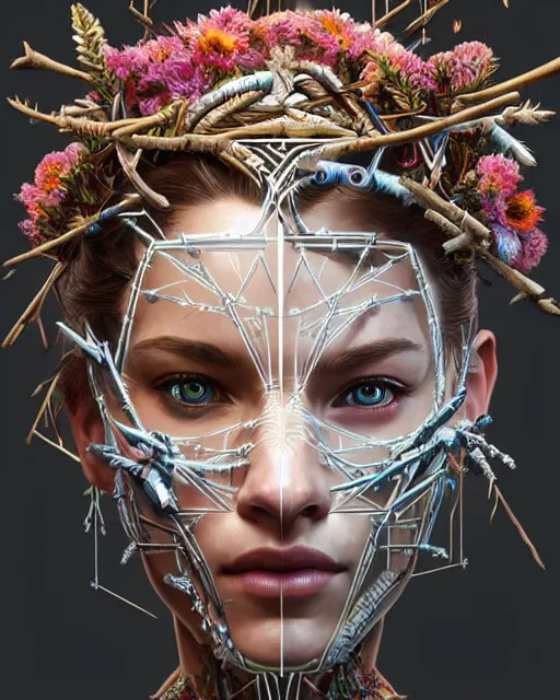 Prompt: symmetry!! portrait of a machine from horizon zero dawn, machine face, decorated with twigs and flowers, intricate, elegant, highly detailed, digital painting, artstation, concept art, smooth, sharp focus, illustration, art by artgerm and greg rutkowski and alphonse mucha, 8 k