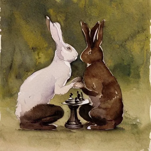 Image similar to two rabbits playing chess, in the style of anders zorn, watercolour
