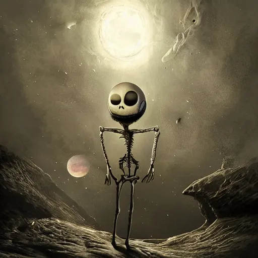 Prompt: michal karcz surrealism drawing of the end of an astronaut happy in the galaxy. , in the style of jack skellington, in the style of a clown, loony toons style, horror theme, detailed, elegant, intricate, 4k, Renaissance painting