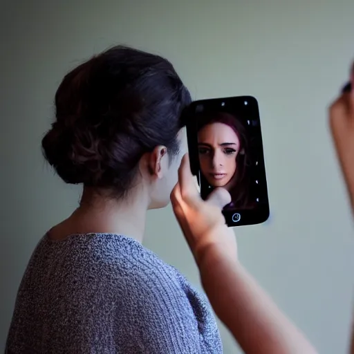 Prompt: a woman is taking a selfie in a mirror, a picture by bouchta el hayani, pexels contest winner, tachisme, hd, shiny eyes, dark