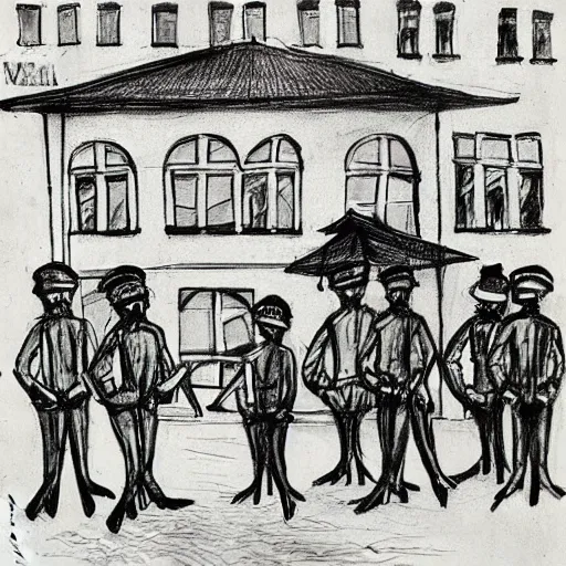 Image similar to The drawing depicts a police station in the Lithuanian city of Vilnius. In the foreground, a group of policemen are standing in front of the building, while in the background a busy street can be seen. screen printing by Heinrich Kley, by Wilfredo Lam daring, evocative